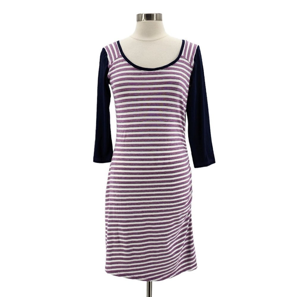 Columbia Womens Medium Dress Omni-Wick Striped Purple White Ruched Casual